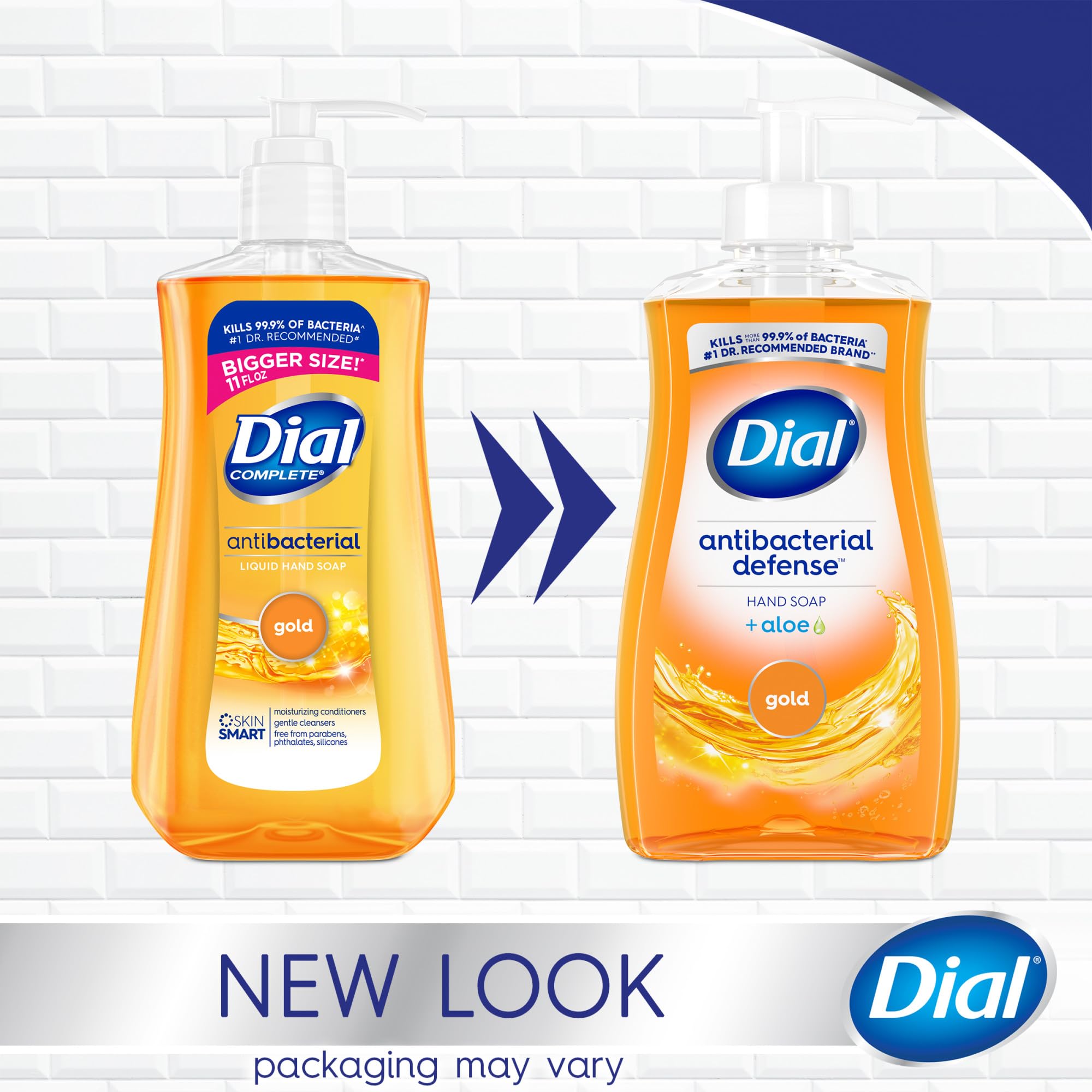 Dial gold liquid soap with aloe showing the clear packaging and amber liquid color