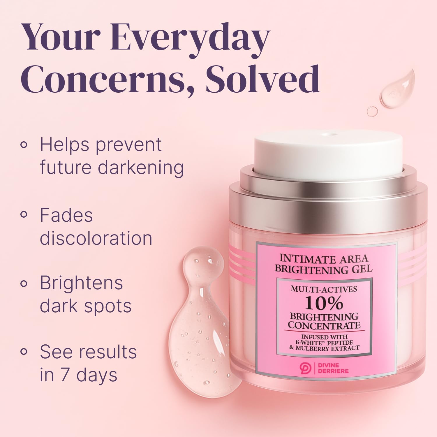 Divine Derriere skin lightening gel container showing alpha arbutin and peptide ingredients