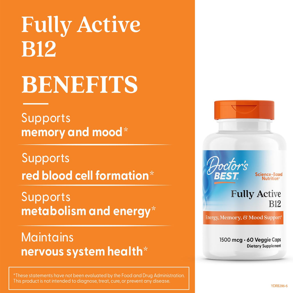 Authentic USA imported Doctor's Best vitamin B12 container showing vegan certification