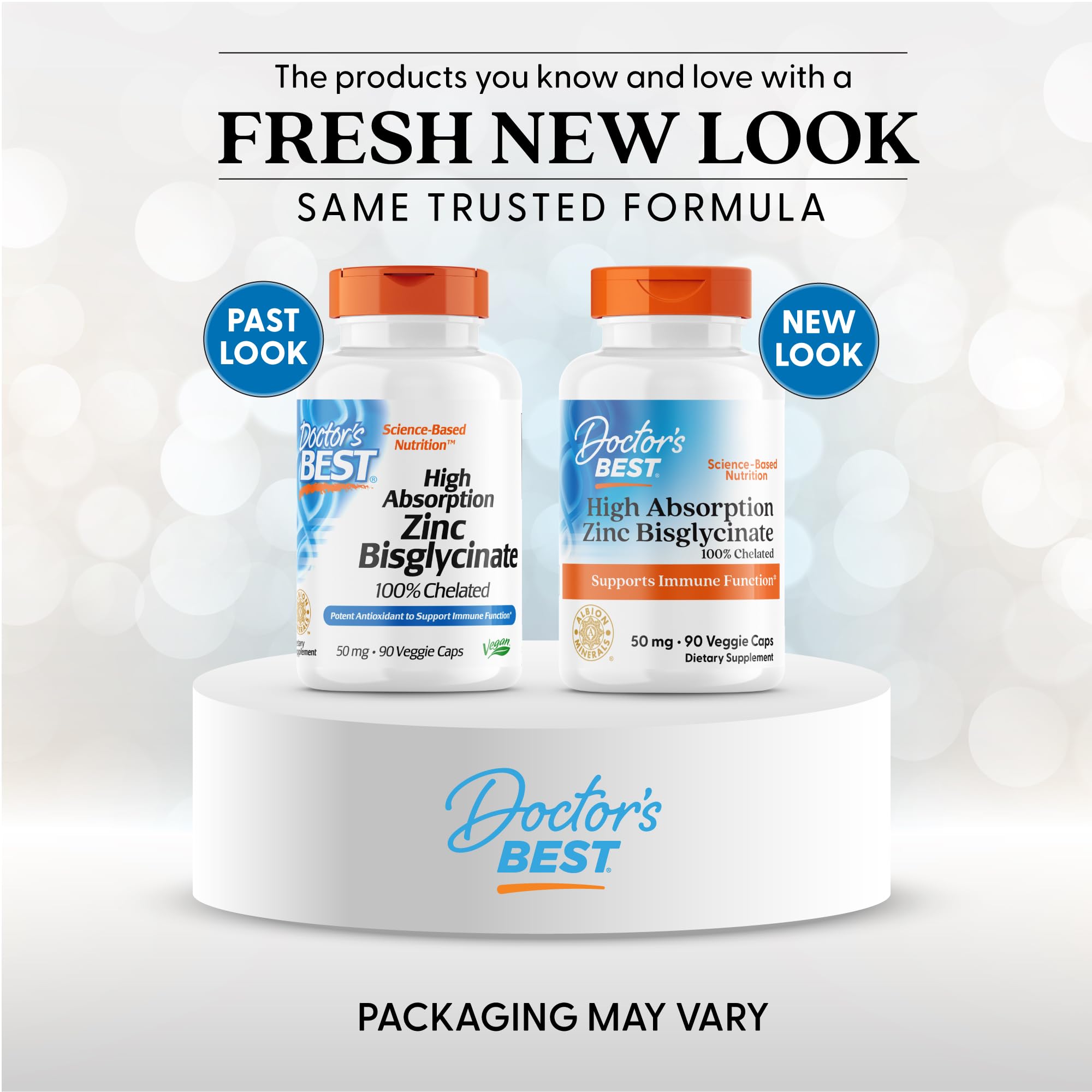 Side view of Doctor's Best Zinc Bisglycinate supplement highlighting the 50 milligram dosage per vegetarian capsule.