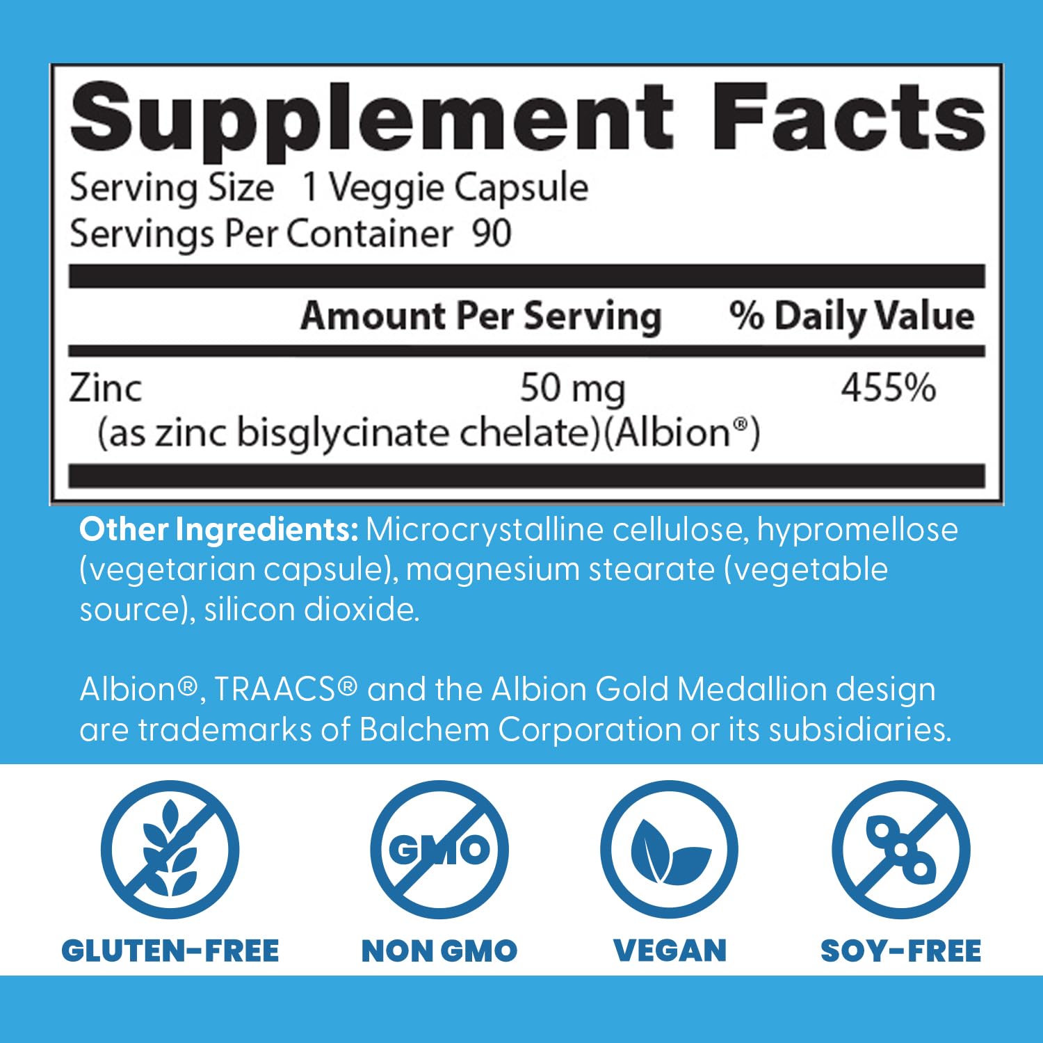 Doctor's Best High Absorption Zinc supplement packaging demonstrating the 100 percent chelated formula and superior absorption claims.