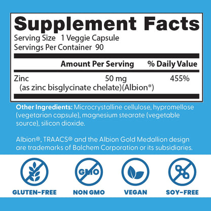 Doctor's Best High Absorption Zinc supplement packaging demonstrating the 100 percent chelated formula and superior absorption claims.