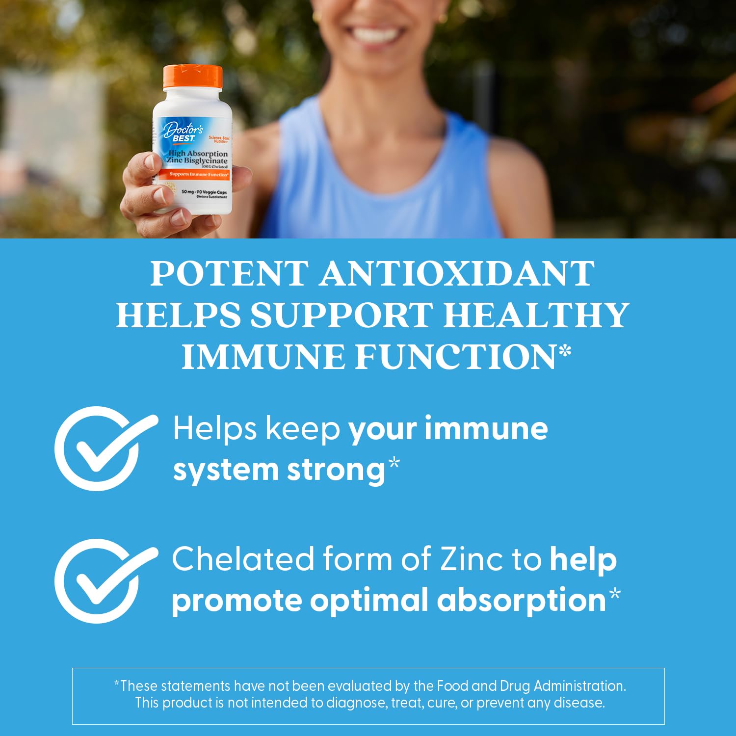 Doctor's Best Zinc Bisglycinate 90 vegetarian capsules clear product view emphasizing the gluten-free and non-GMO icons.
