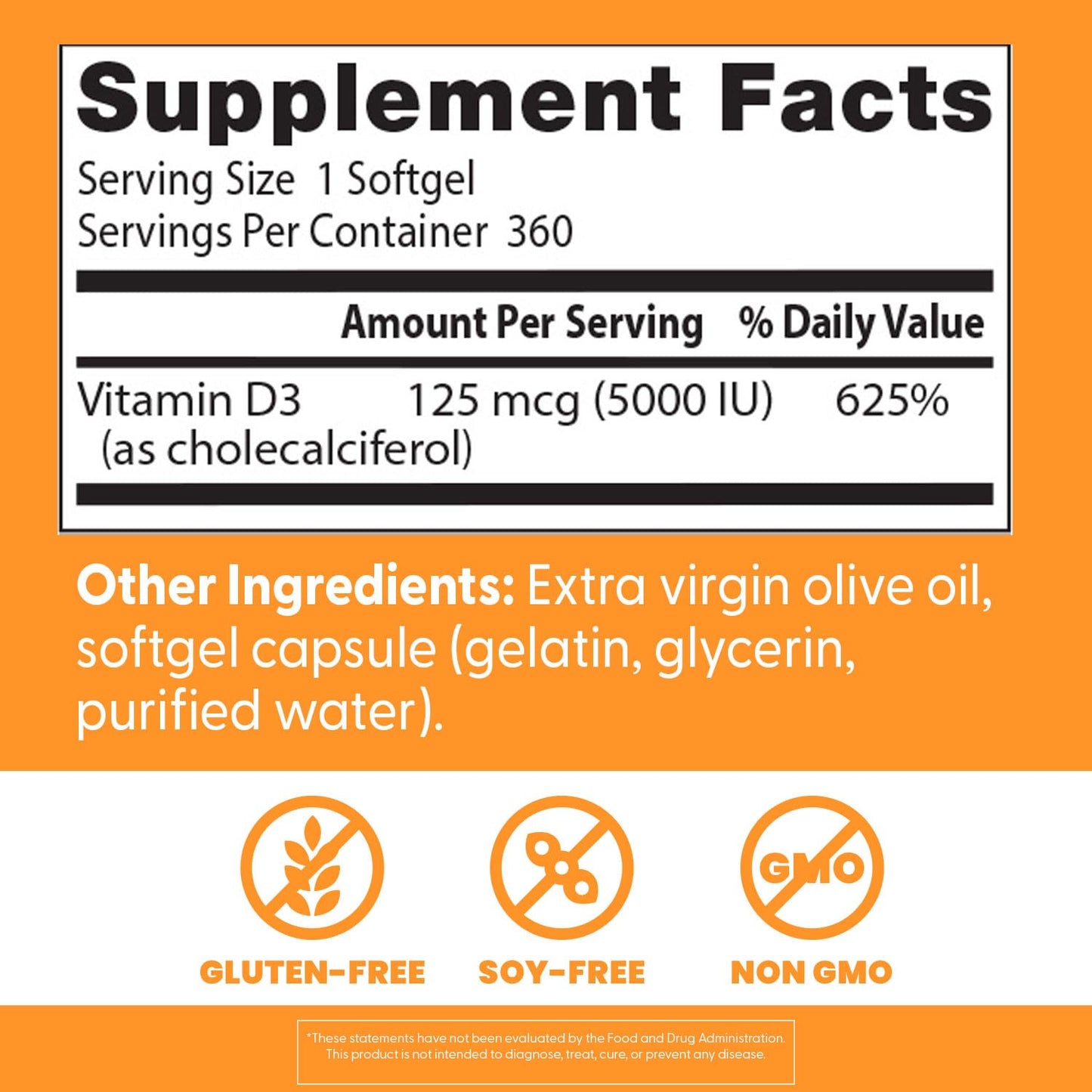 Back view of Doctor's Best Vitamin D3 360 softgels container with ingredient breakdown