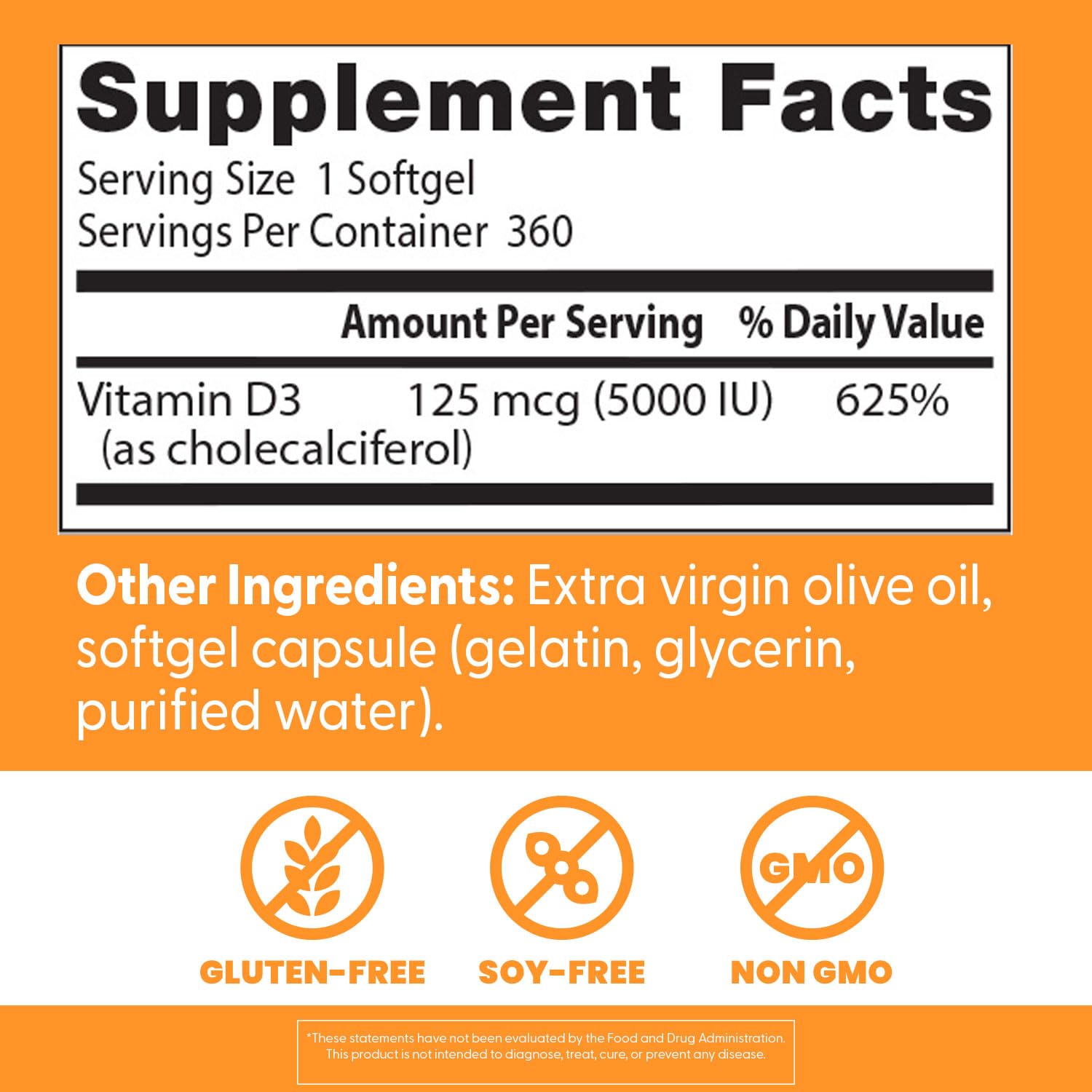 Back view of Doctor's Best Vitamin D3 360 softgels container with ingredient breakdown