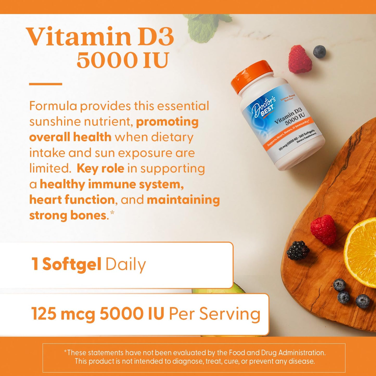 Doctor's Best Vitamin D3 bottle highlighting gluten free and soy free product seals