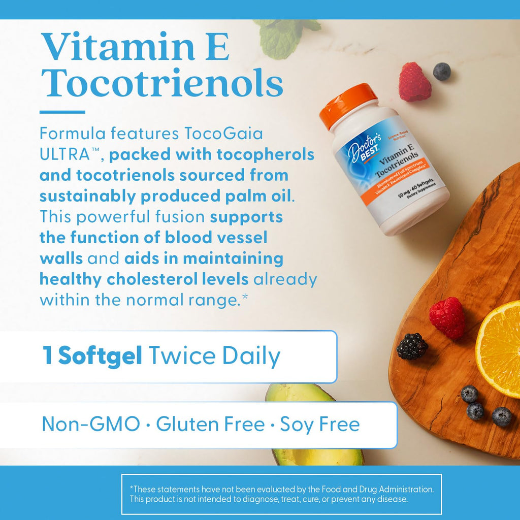 Doctors Best Vitamin E tocotrienol softgels bottle back display