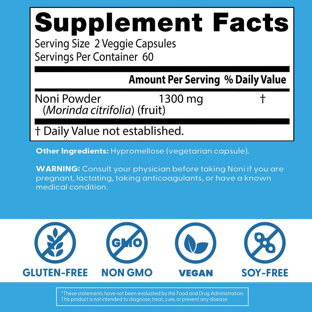 Side view of non-GMO gluten-free vegan Doctor's Best Noni health supplement