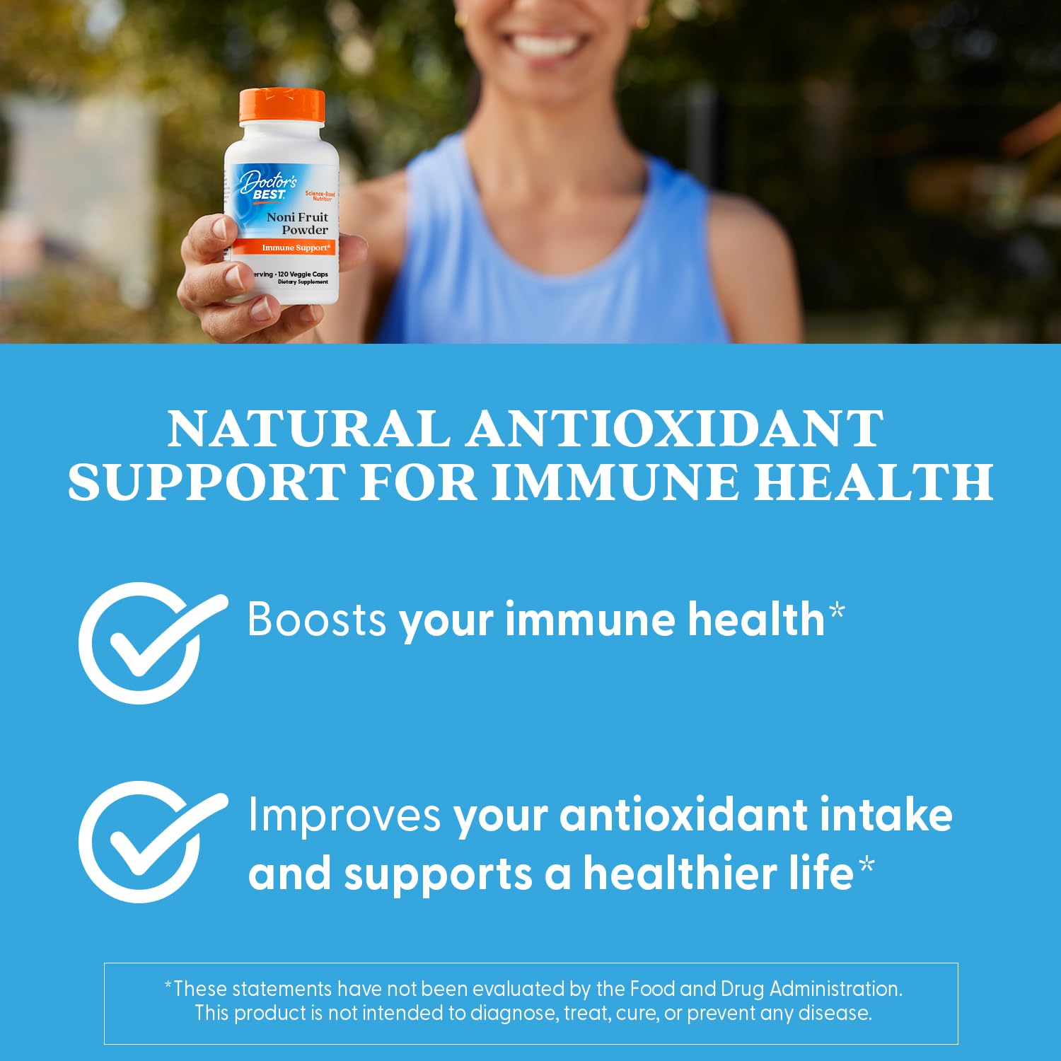 Authentic imported USA Doctor's Best Noni supplement bottle on premium background