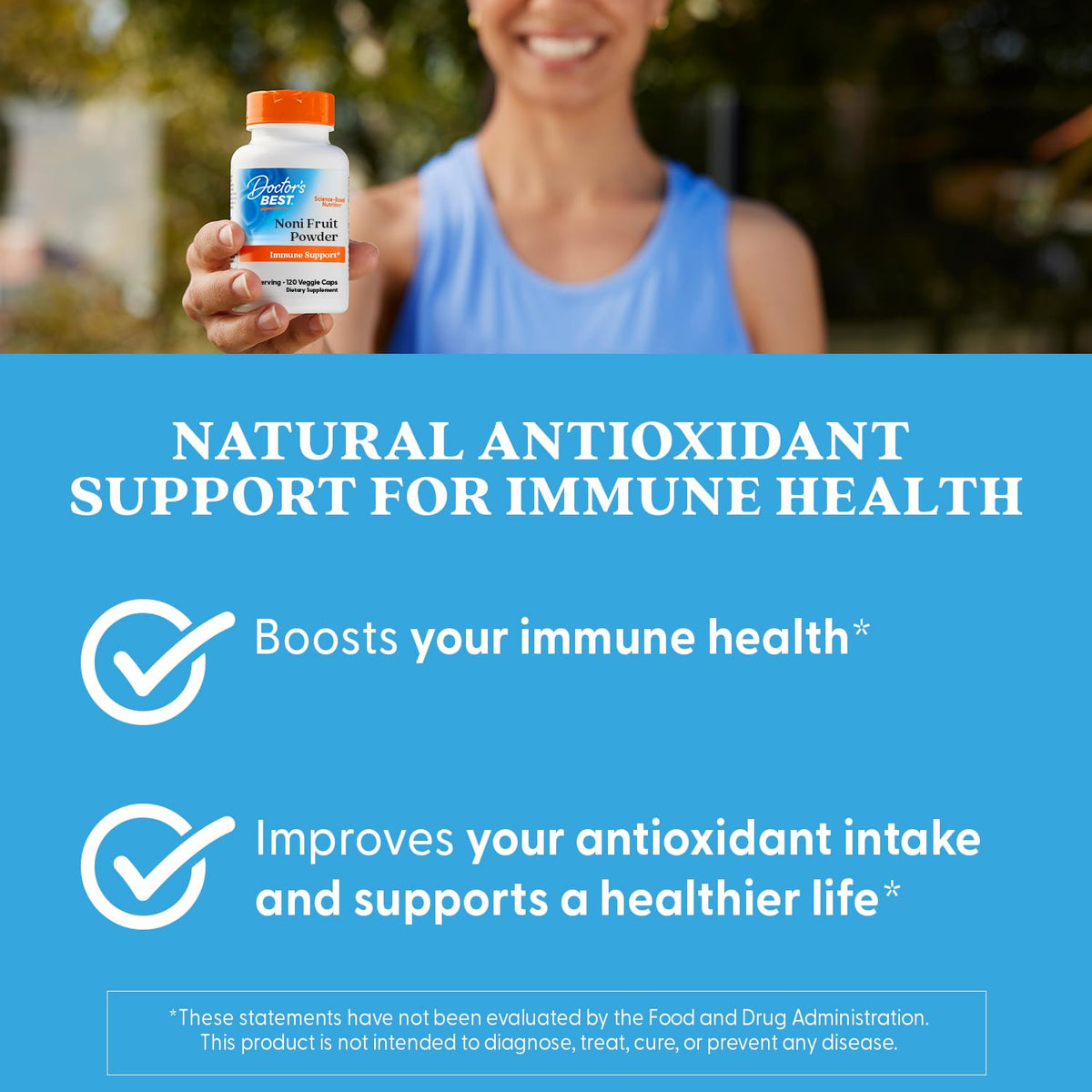 Authentic imported USA Doctor's Best Noni supplement bottle on premium background