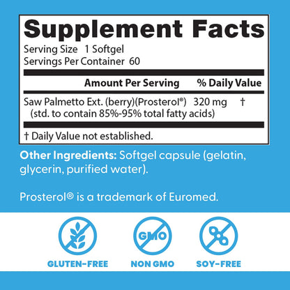 Doctor's Best Saw Palmetto 320mg softgels imported urinary tract health supplement bottle angle view