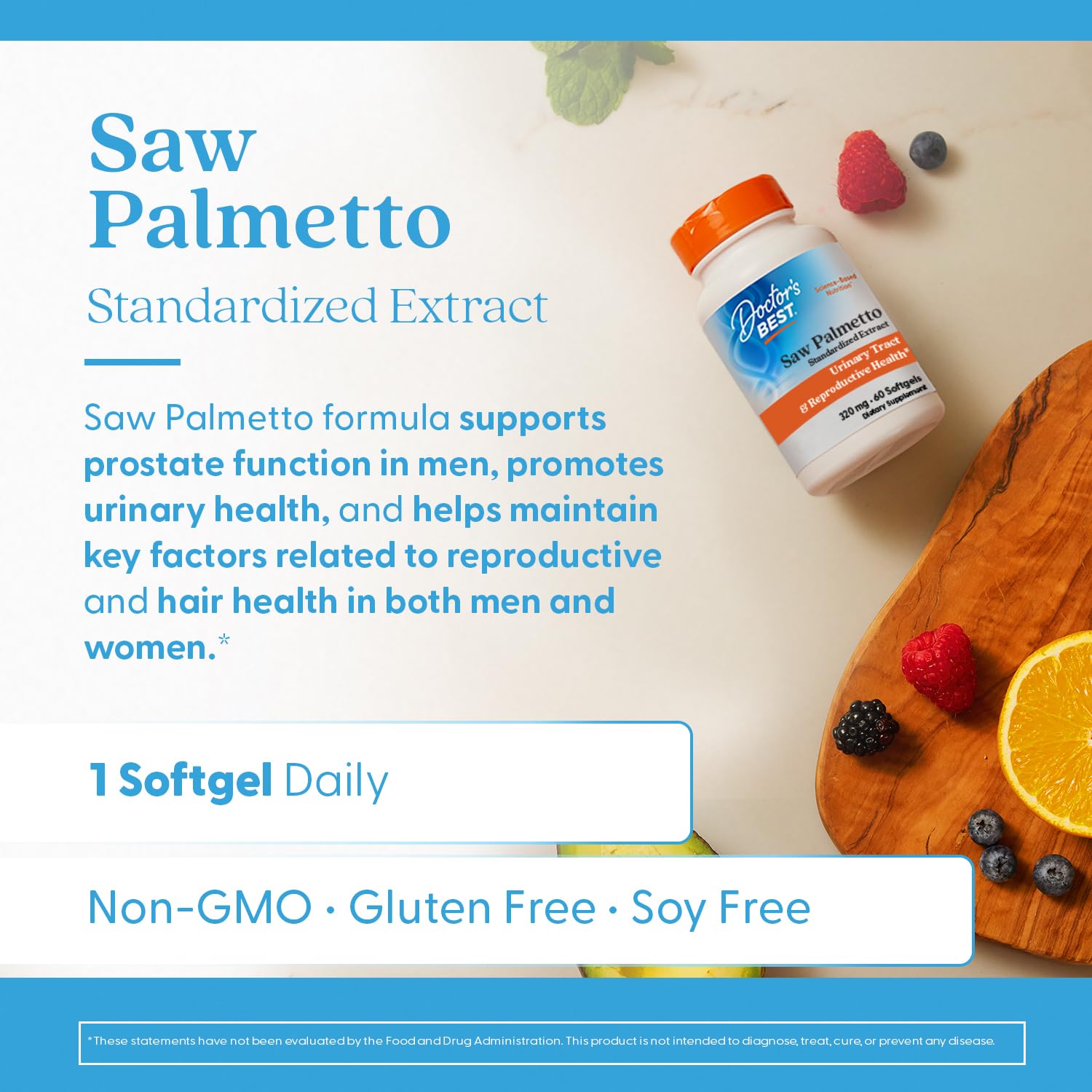 Doctor's Best Saw Palmetto capsule details showing the standardized extract non-GMO label information