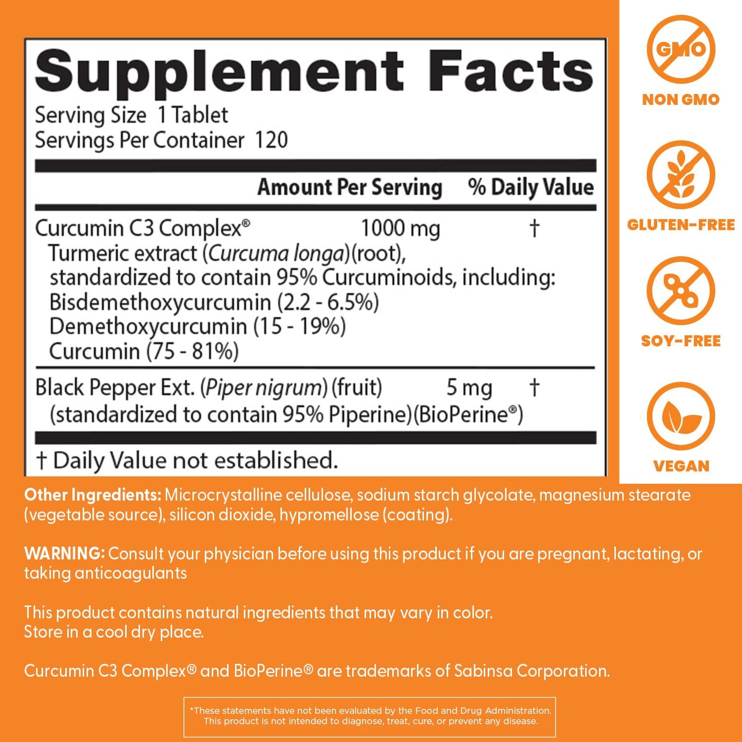 Doctor's Best Curcumin C3 Complex label details