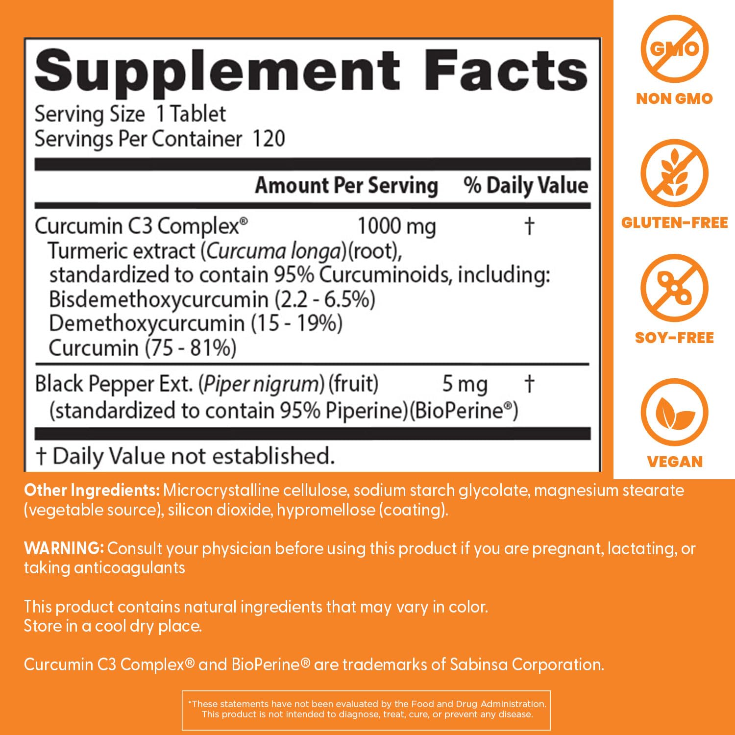 Doctor's Best Curcumin C3 Complex label details