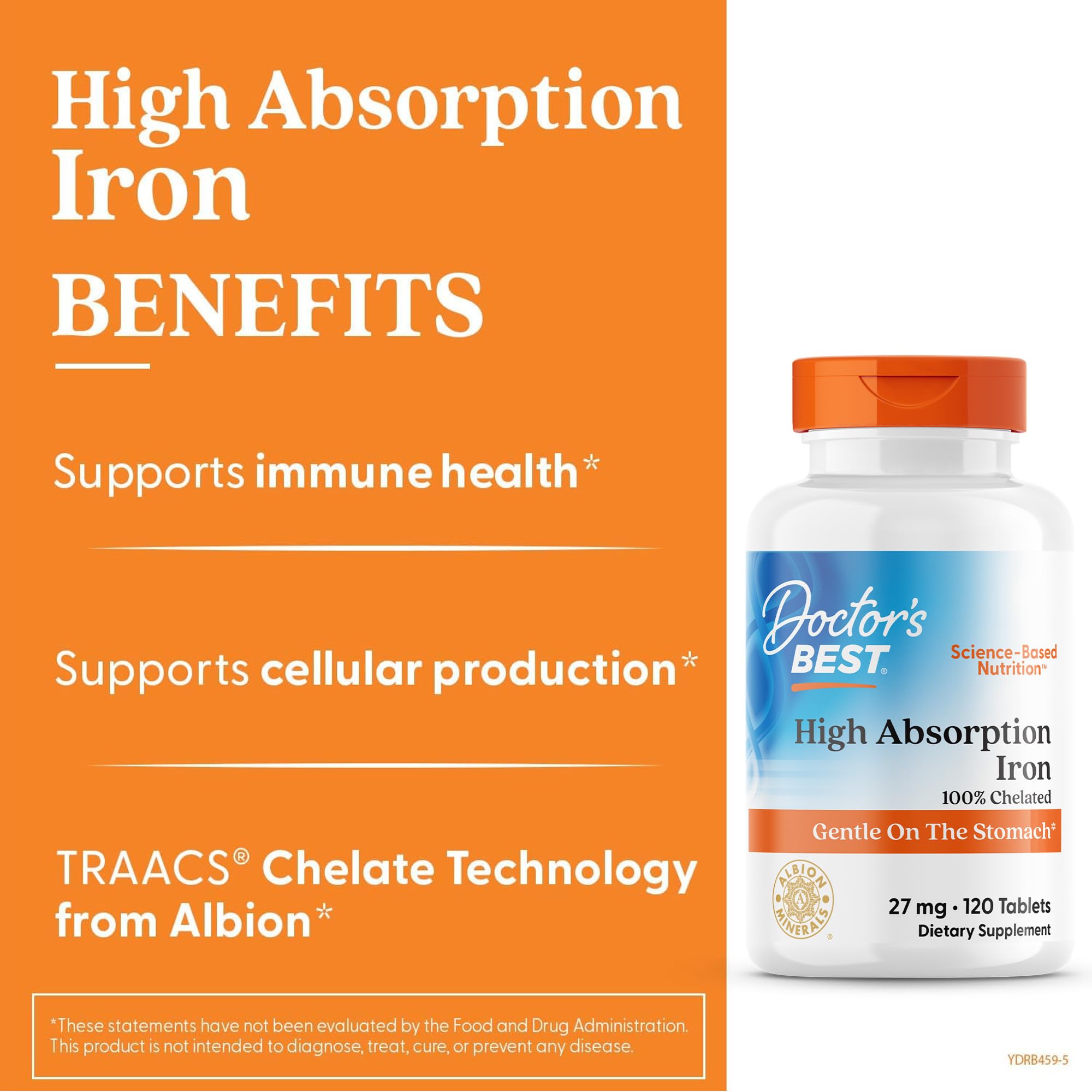 Back label of Doctor's Best High Absorption Iron showing ferrous bisglycinate chelate ingredients.