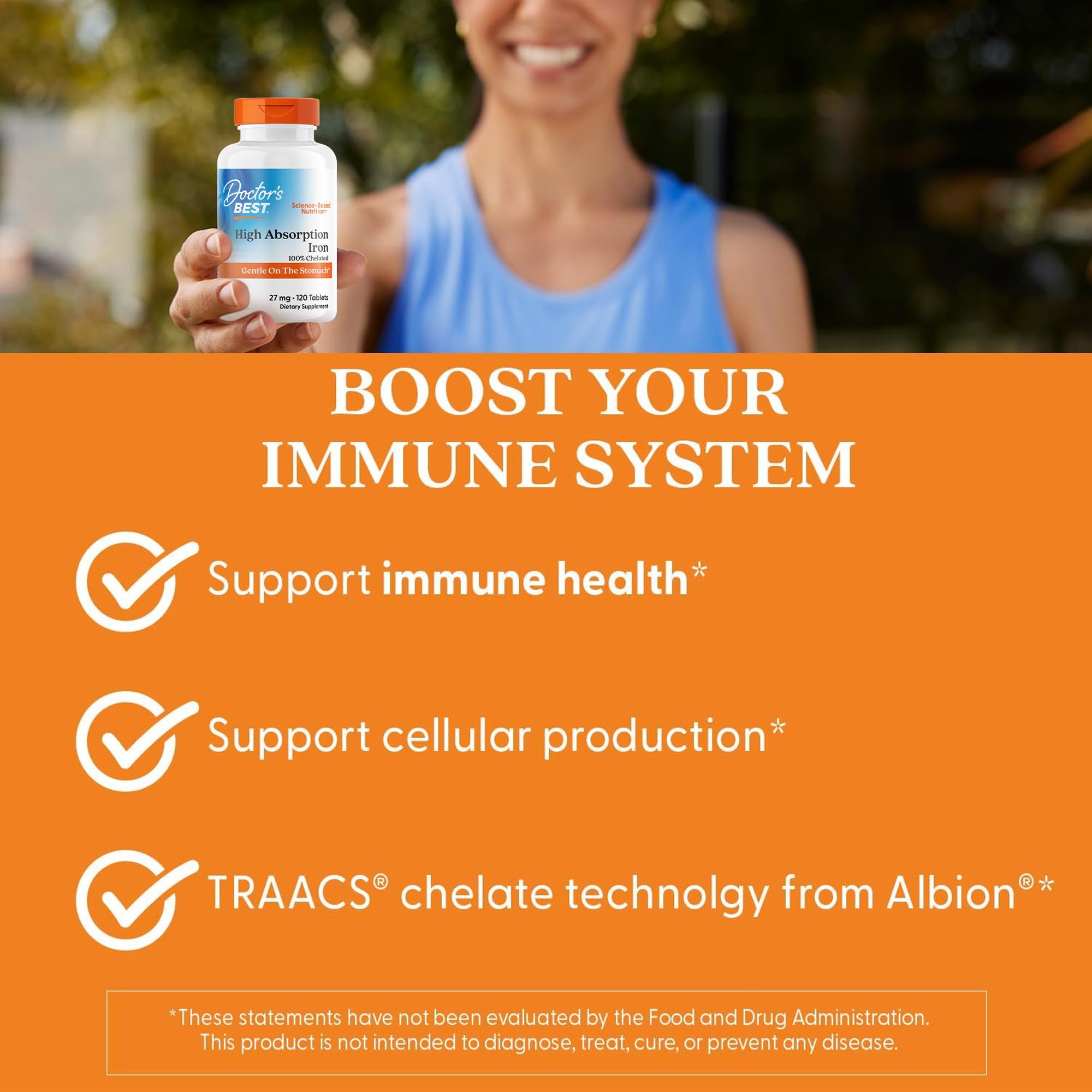 Supplement facts panel of Doctor's Best 27mg iron tablets detailing dietary profiles.