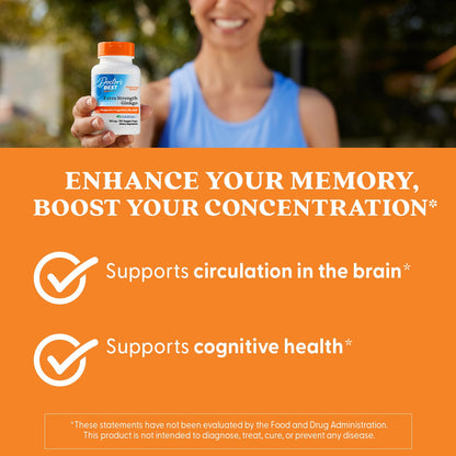 Doctor's Best Ginkgo Biloba 120 veggie capsules showing allergen free and soy free logos.