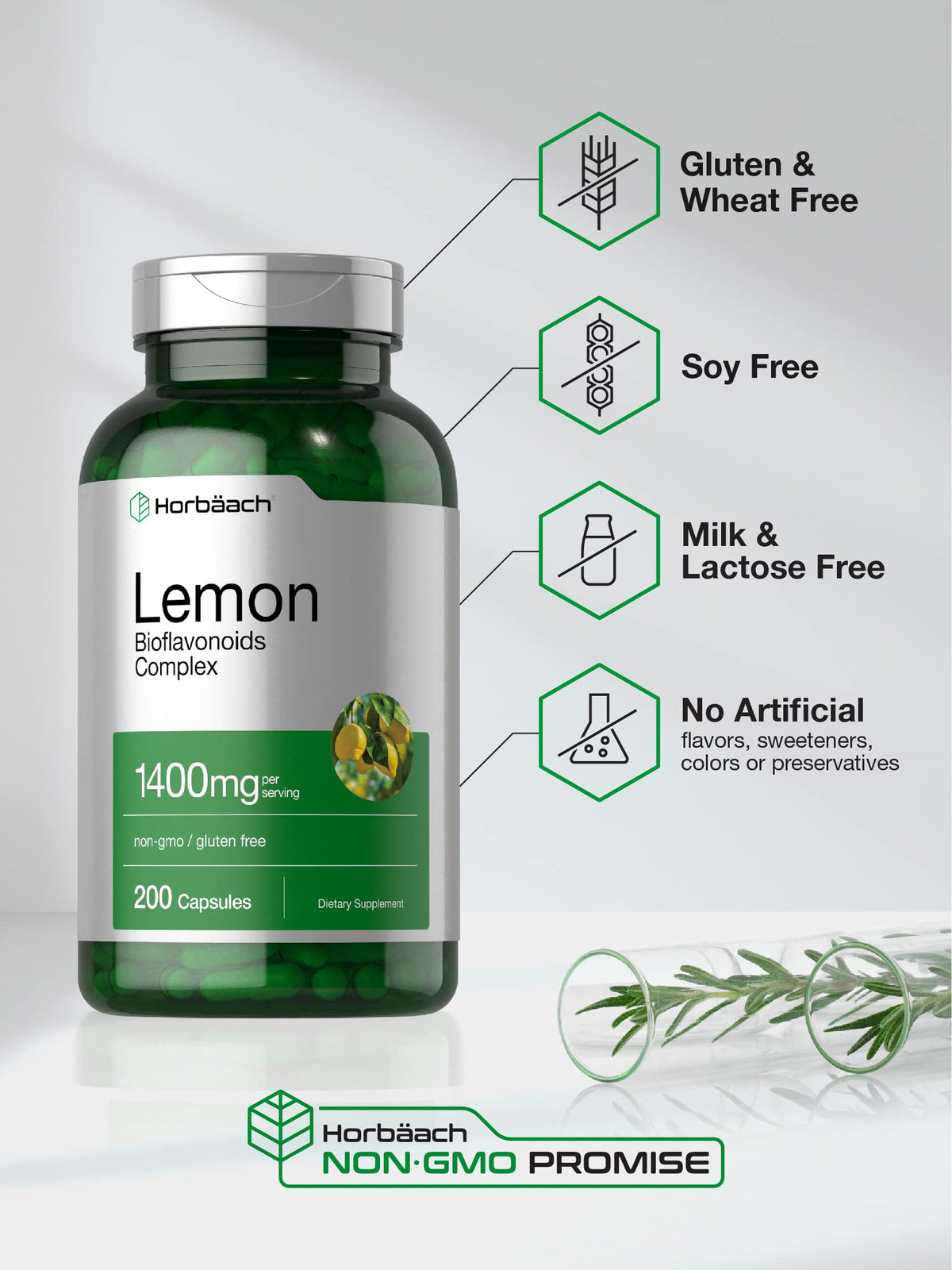 Horbaach lemon bioflavonoids 200 count bottle side profile