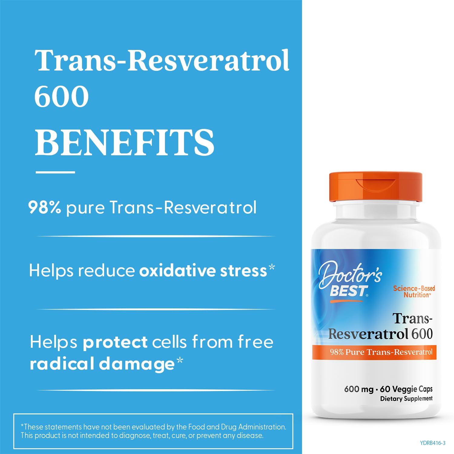 Doctor's Best Trans-Resveratrol 600 Milligrams side panel displaying clean vegetarian ingredient facts.