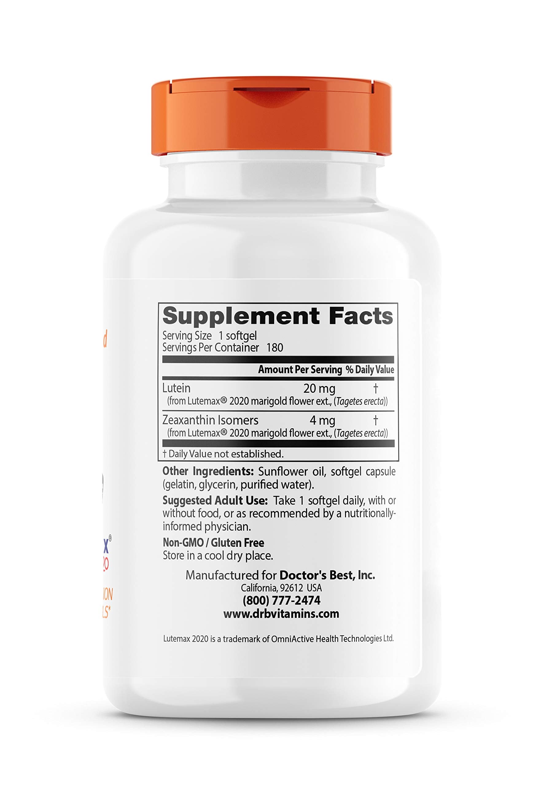 Doctor's Best Lutein 20mg supplement label details showing 180 softgels