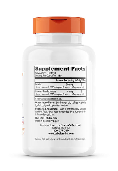 Doctor's Best Lutein 20mg supplement label details showing 180 softgels