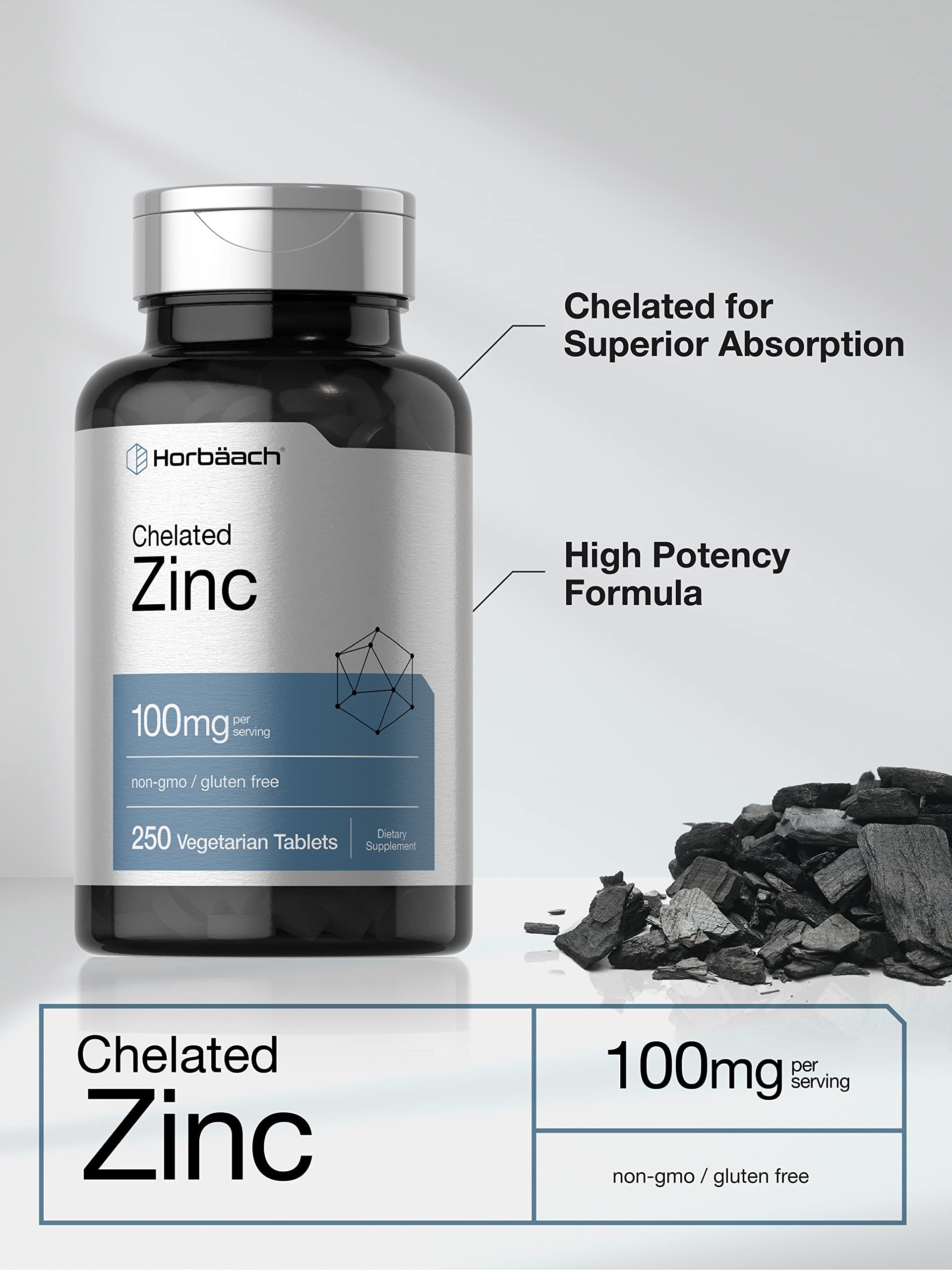 Horbäach dietary supplement bottle displaying non-GMO and gluten free certifications