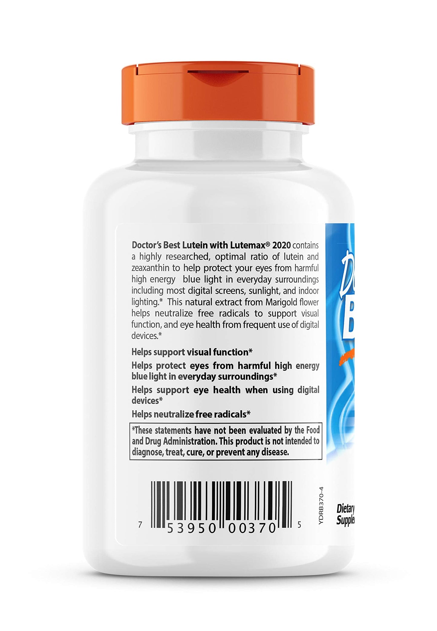 Close up of Doctor's Best Lutein supplement nutrition facts and dosage