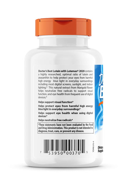 Close up of Doctor's Best Lutein supplement nutrition facts and dosage