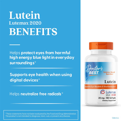 Doctor's Best Lutein with Lutemax 2020 bottle showing non-GMO seal