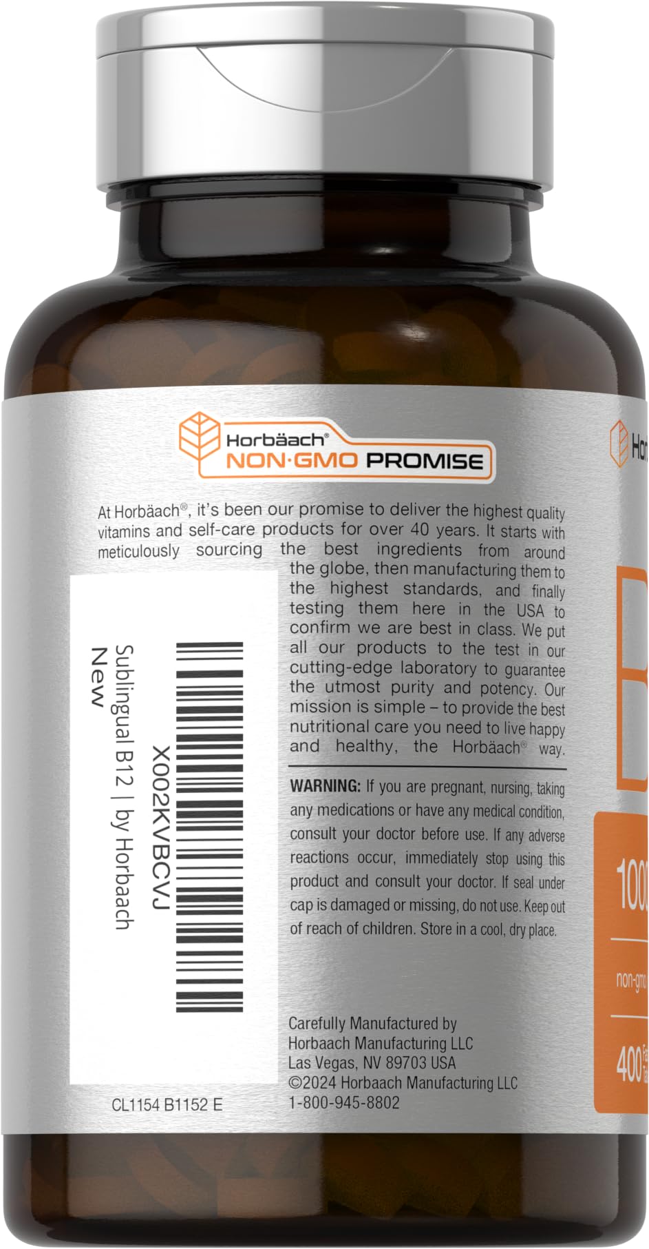 Horbaach vegan and non GMO gluten free vitamin b12 supplement bottle side