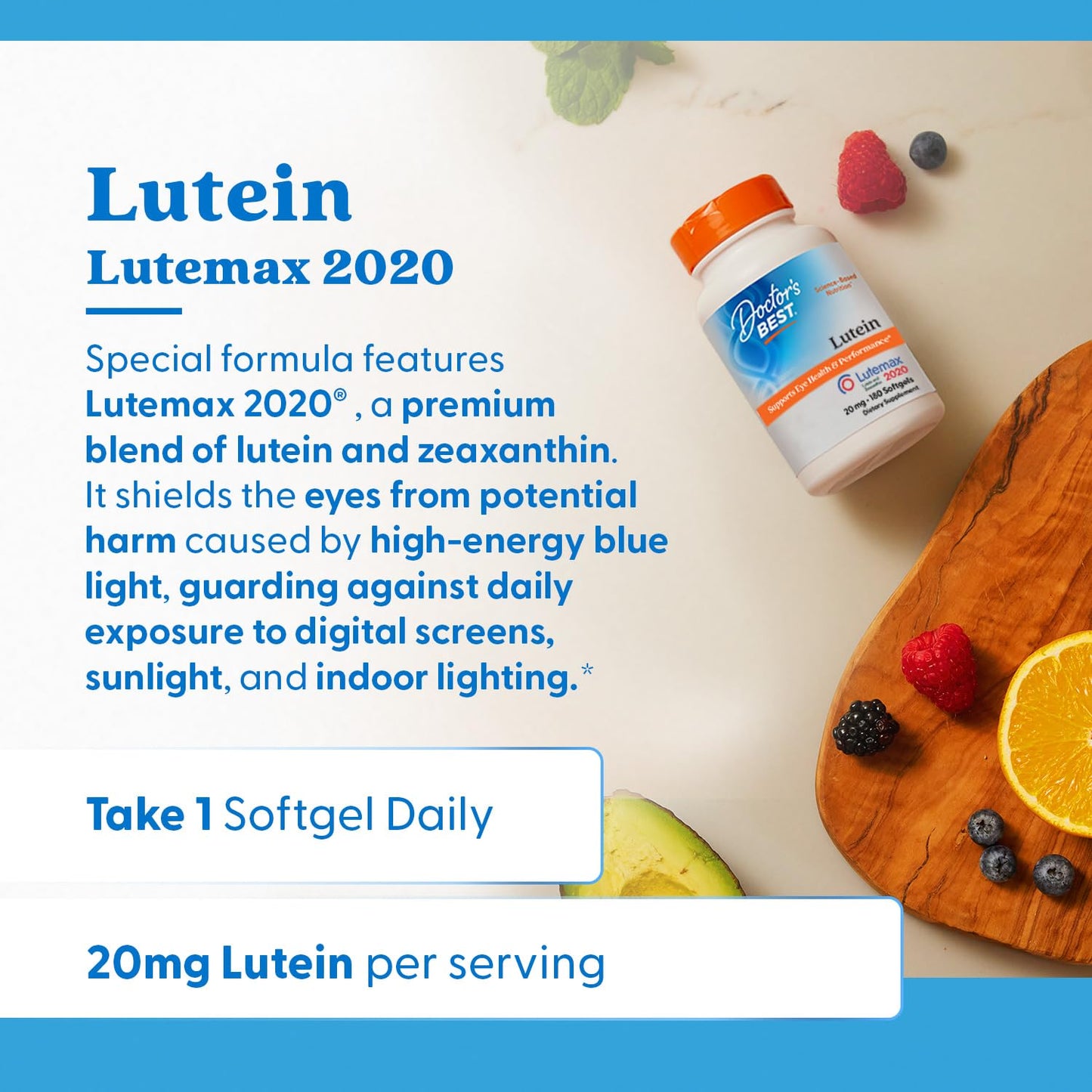 Doctor's Best Lutein 20mg eye health supplement bottle top lid