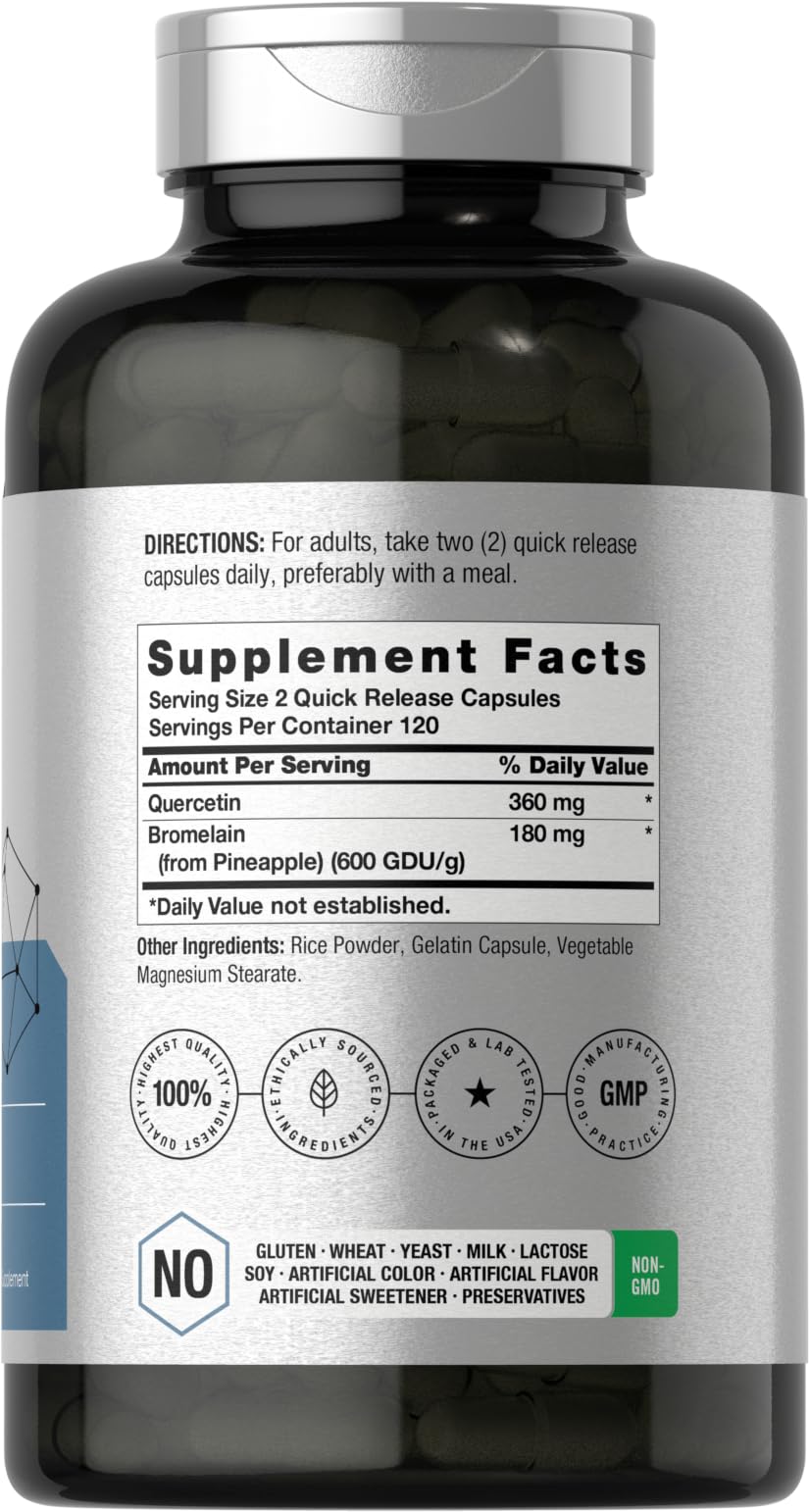 Side view of Horbäach non-GMO quercetin supplement packaging detailing clear health benefits