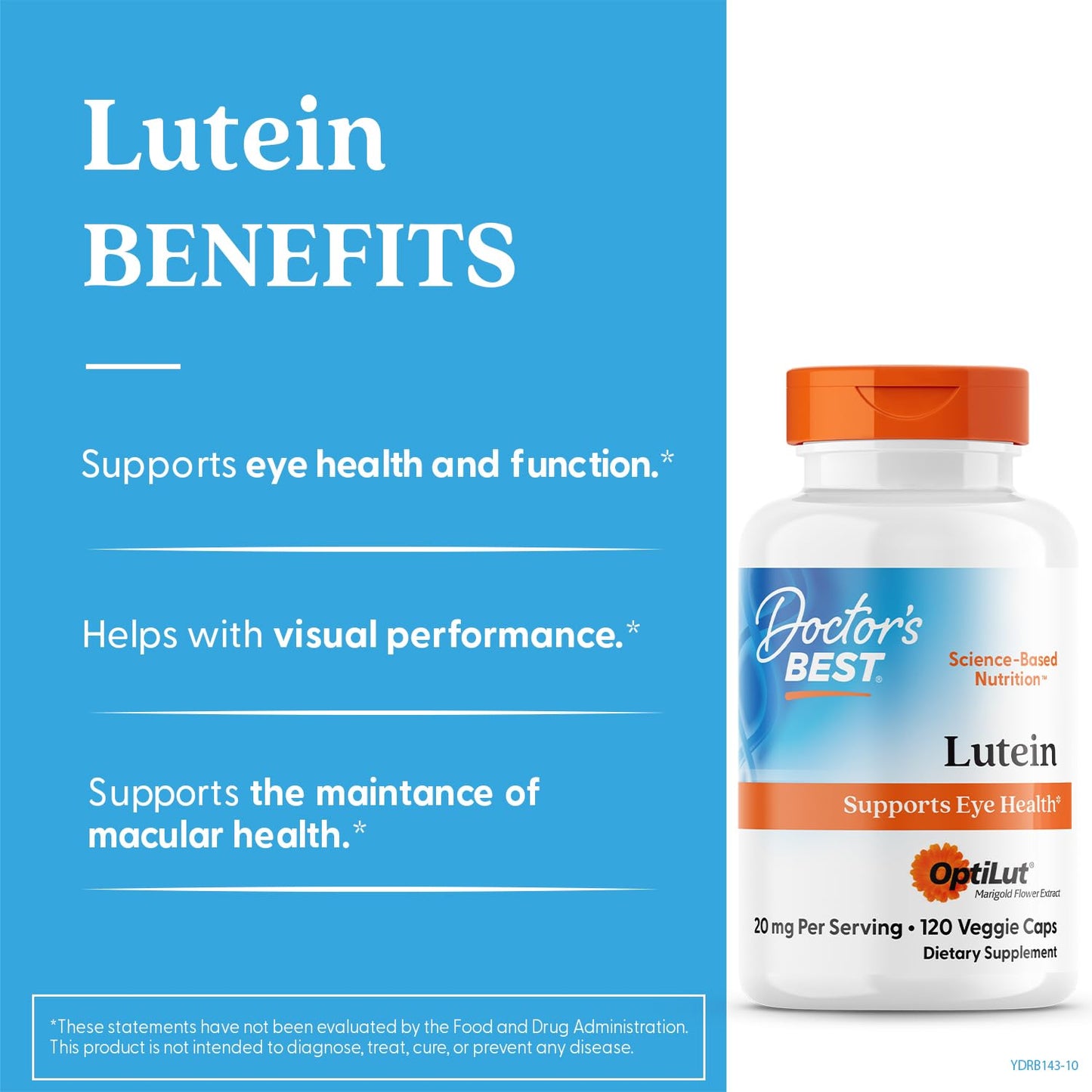 Side view of Doctor's Best Lutein 20mg marigold extract bottle