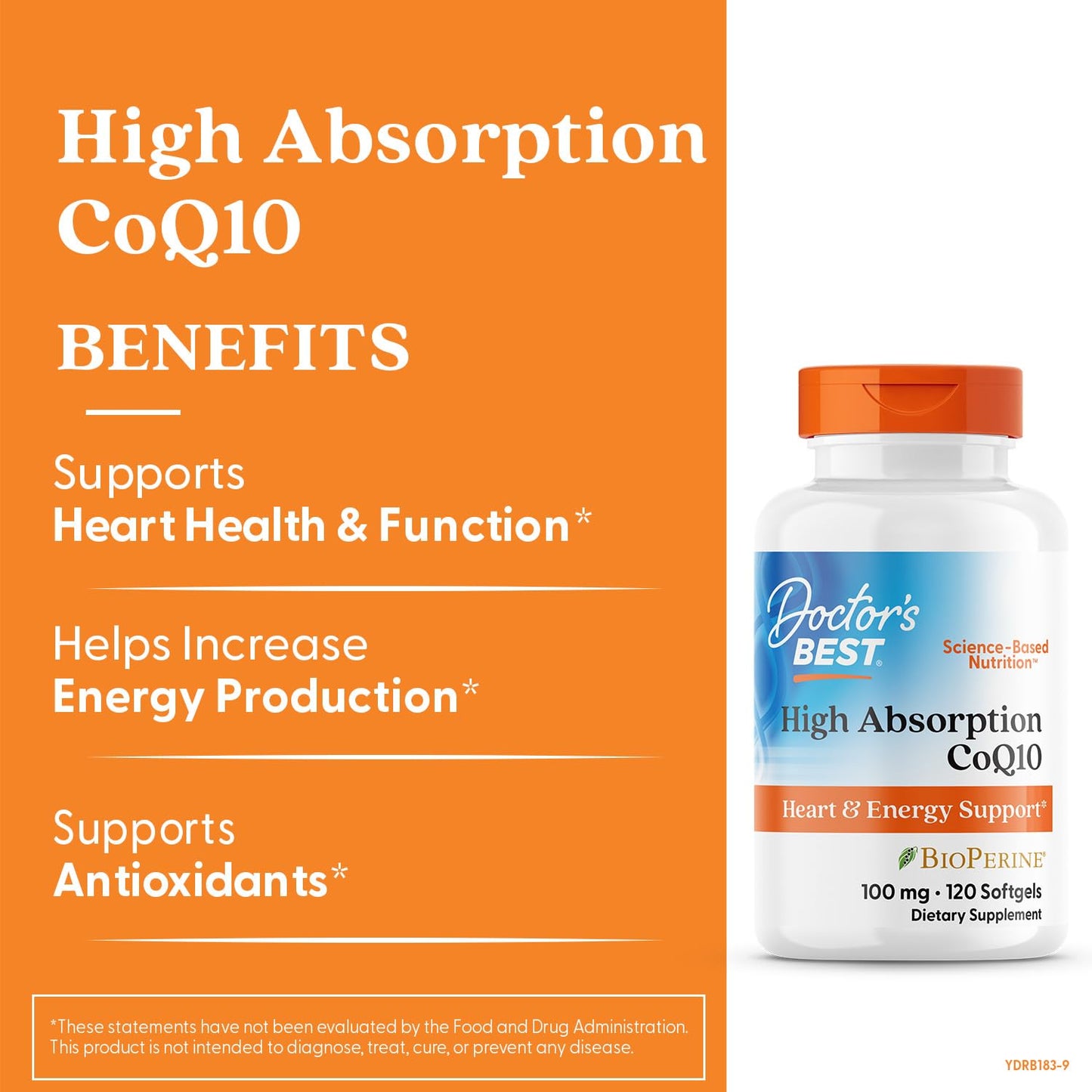 Authentic imported Doctor's Best Ubiquinone 100 mg daily dietary supplement bottle