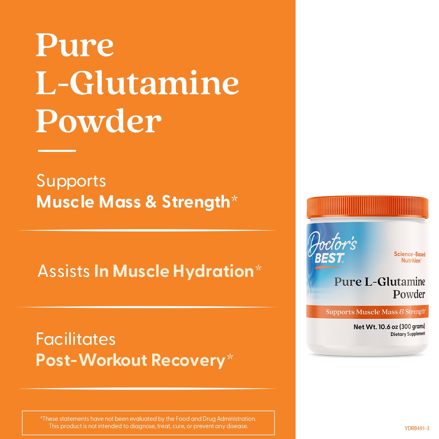 Doctor's Best unflavored L Glutamine supplement jar displaying nutritional facts and serving sizes