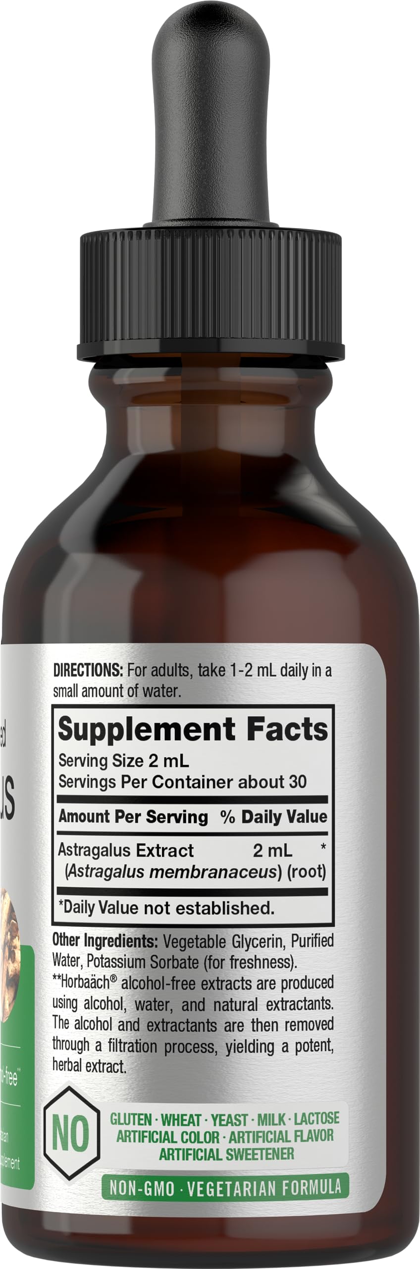 HorbÃ¤ach alcohol free astragalus supplement two fluid ounce packaging details.