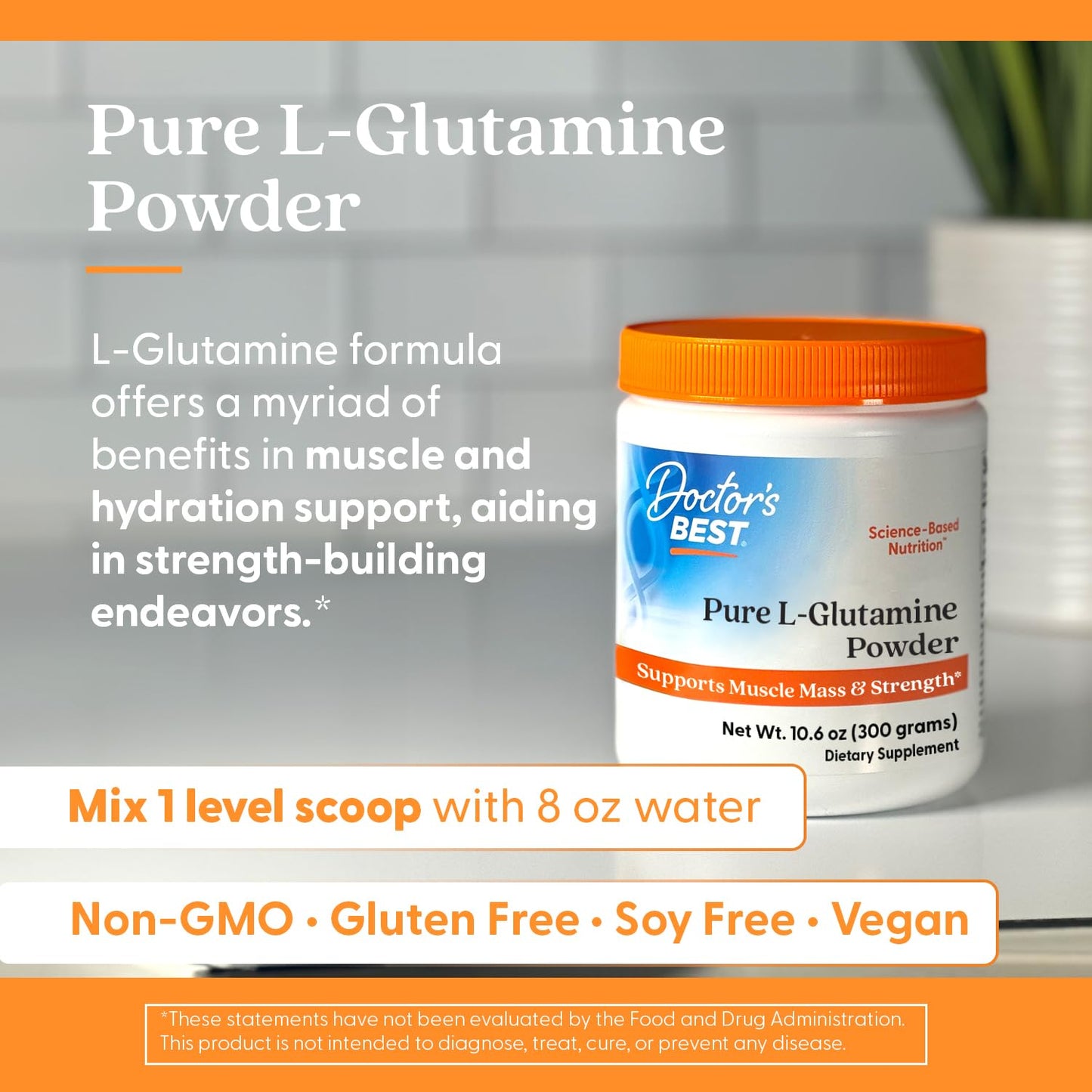 Close up of the non GMO and soy free certification labels on Doctor's Best L Glutamine jar