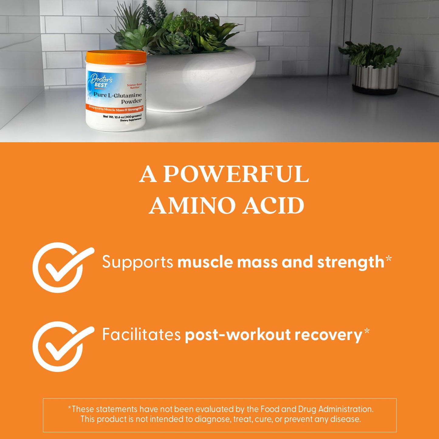 Doctor's Best 300g pure amino acid powder container alongside a supplement measuring scoop