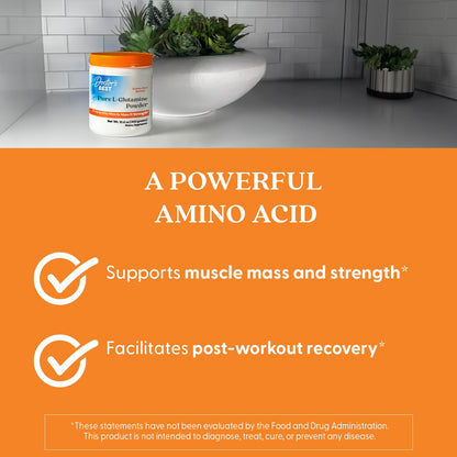 Doctor's Best 300g pure amino acid powder container alongside a supplement measuring scoop