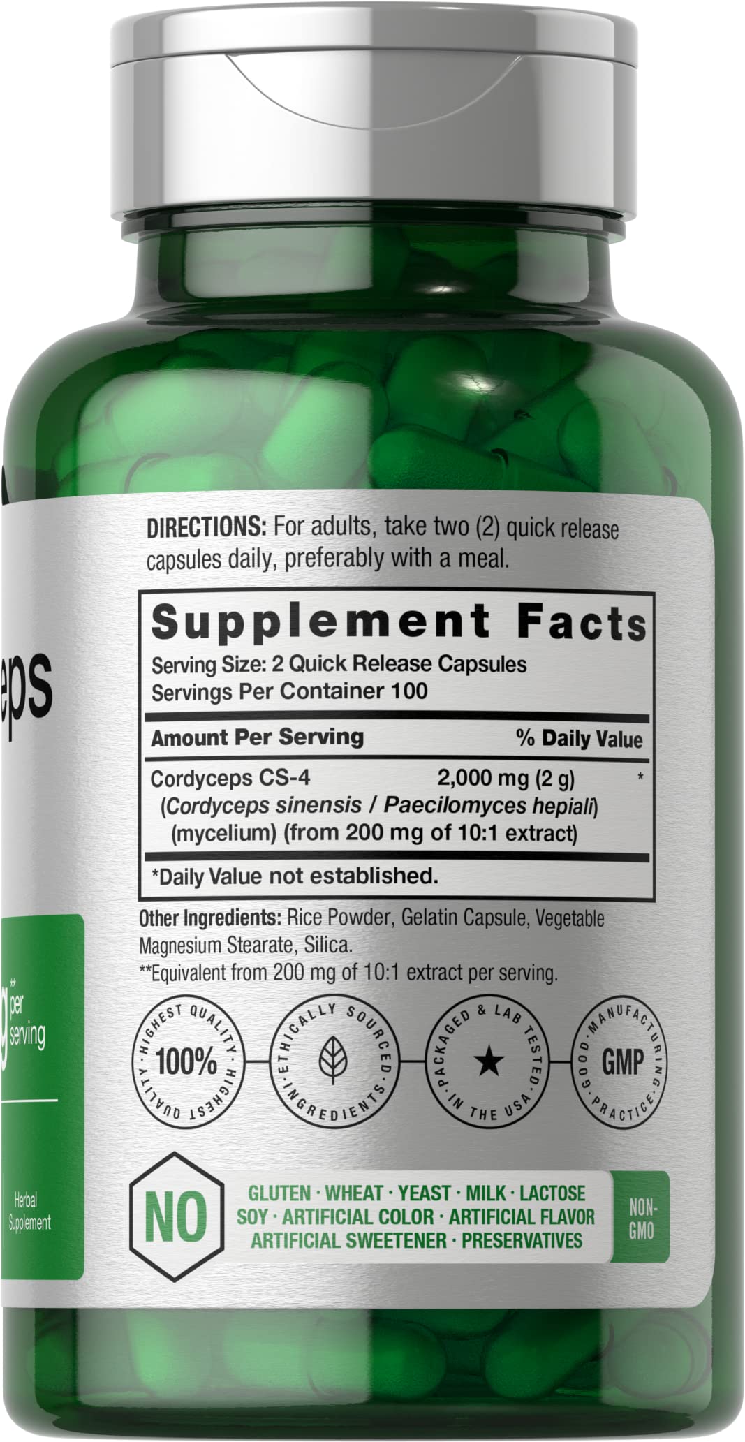 Horbaach Cordyceps CS4 Sinensis 2000mg supplement bottle back label ingredients