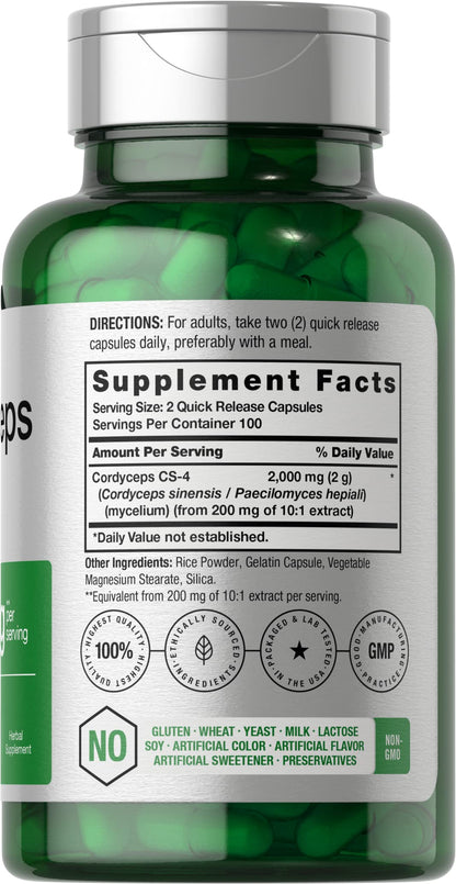 Horbaach Cordyceps CS4 Sinensis 2000mg supplement bottle back label ingredients
