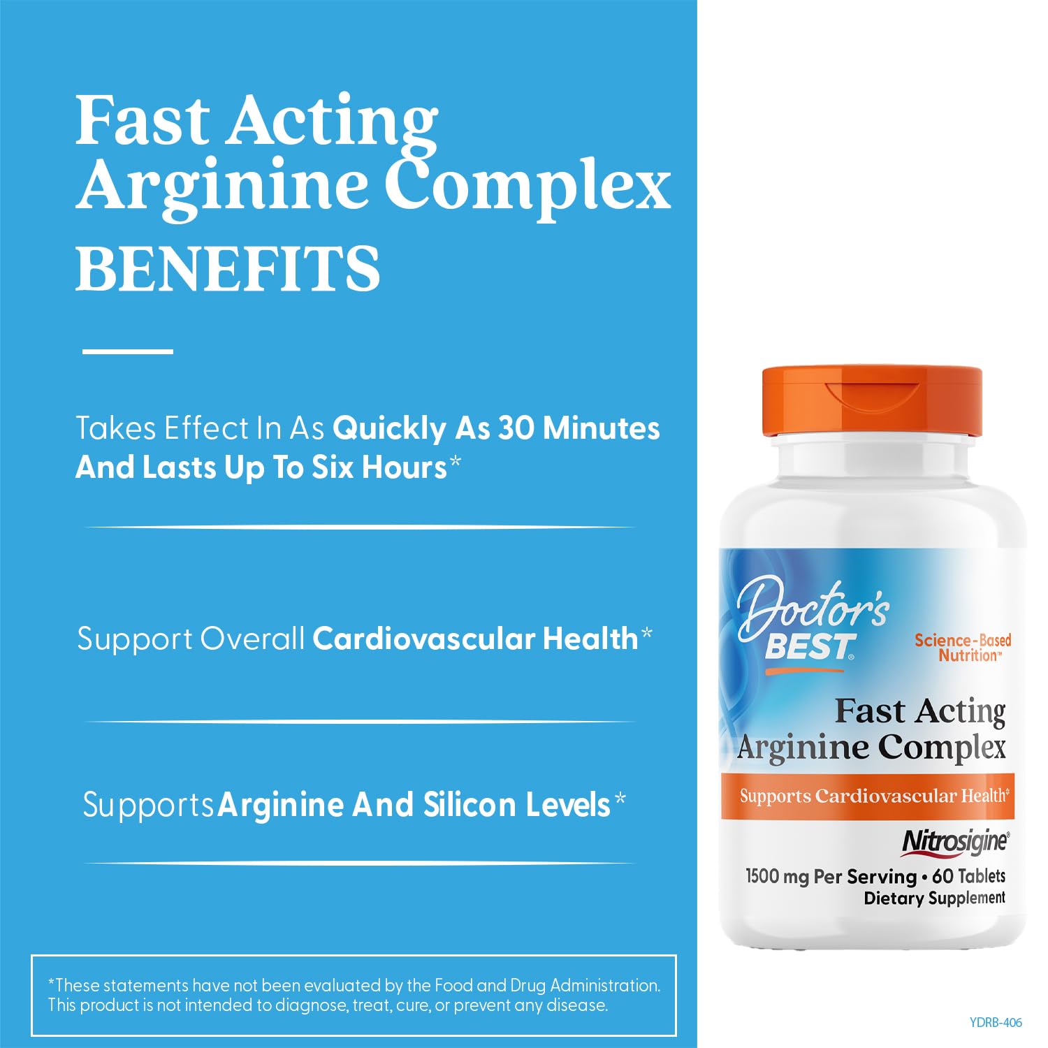 Doctor's Best Nitrosigine 1500mg bottle displaying supplement facts panel and ingredient list details.