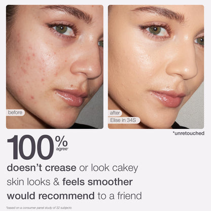 Dermatologist tested vegan full coverage concealer being applied to highlight the facial features.