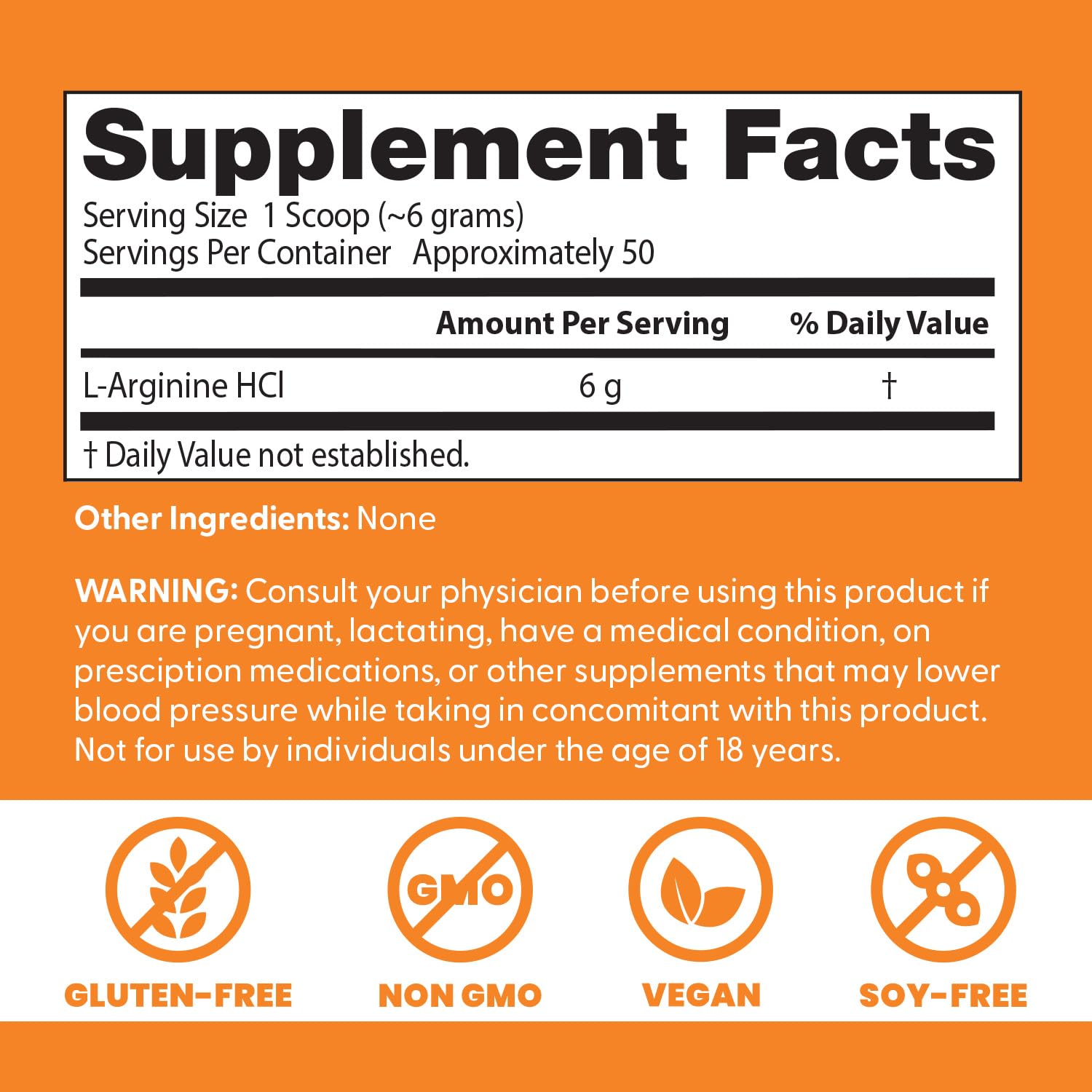 Unflavored vegan non-GMO L-Arginine powder showing nitric oxide circulatory benefits