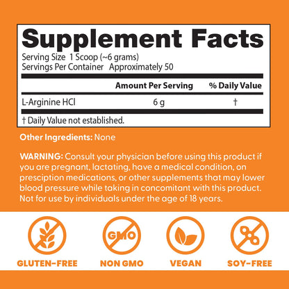 Unflavored vegan non-GMO L-Arginine powder showing nitric oxide circulatory benefits