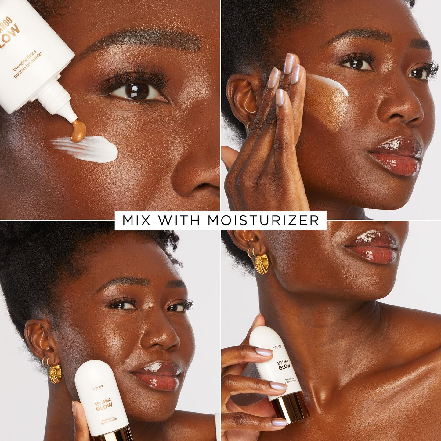 Tarte liquid bronzer drops being mixed into a white facial moisturizer