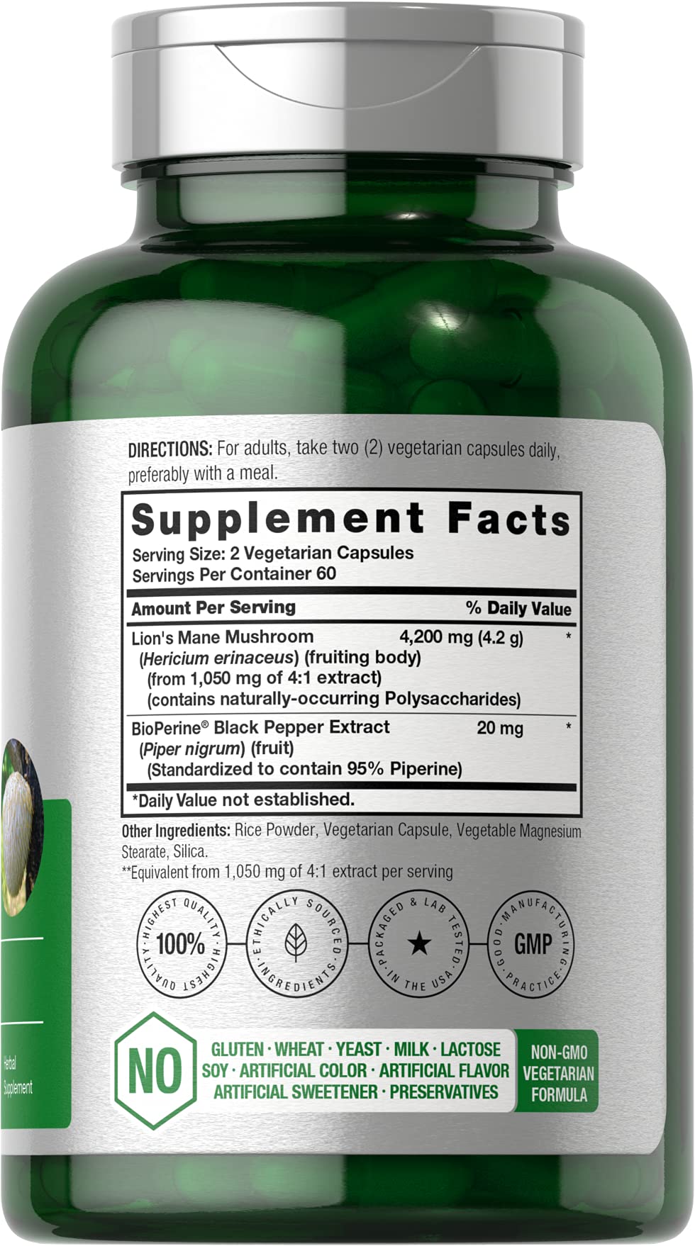 HorbÃ¤ach Lion's Mane 4200mg supplement bottle showing vegetarian capsule features.