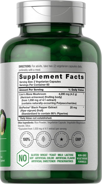 HorbÃ¤ach Lion's Mane 4200mg supplement bottle showing vegetarian capsule features.