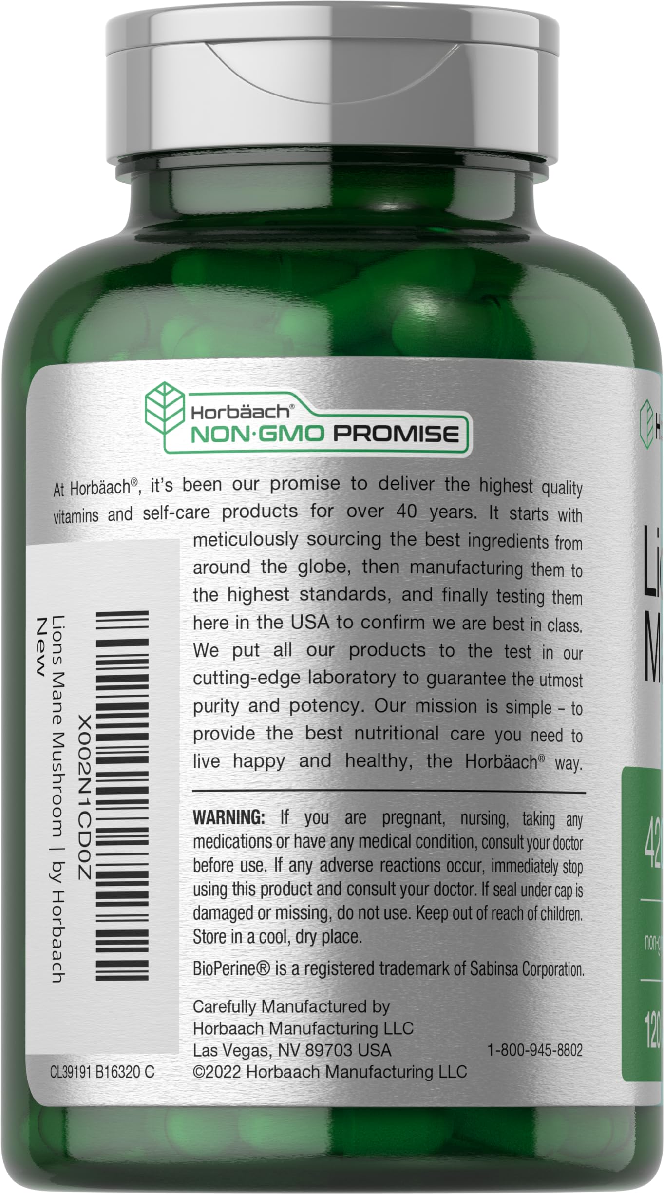 Back label details of HorbÃ¤ach premium mushroom extract with BioPerine information.
