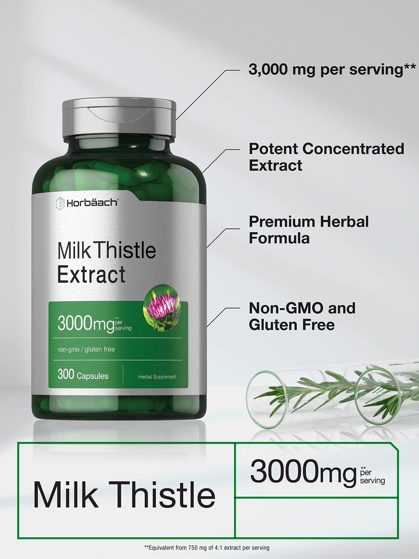 Side view of HorbÃ¤ach Milk Thistle herbal extract 3000 milligram capsules label